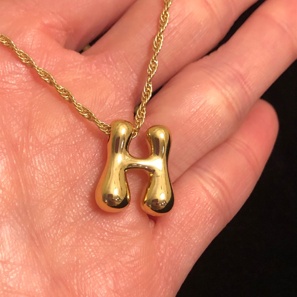 Gold Tone Bubble Letter Initial 'H' Pendant Necklace - Pendant is 18K Plated